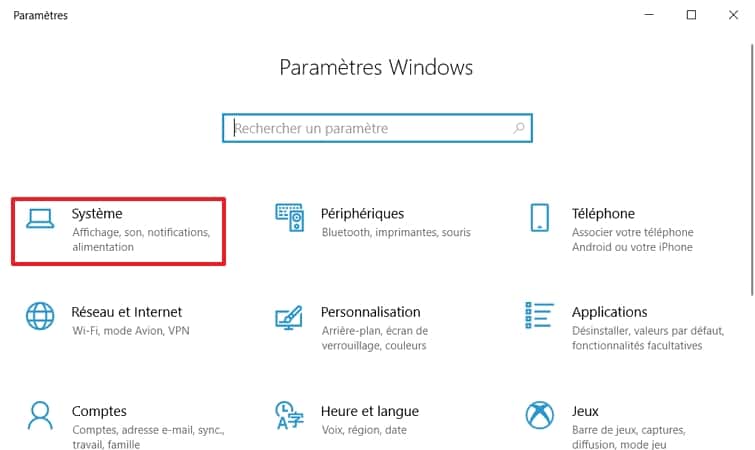 Allez dans les paramètres « Système » de Windows 10. © Microsoft