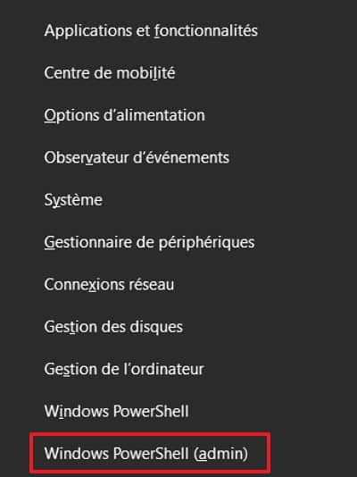 Cliquez sur « Windows PowerShell (admin) » dans le menu Liens Rapides. © Microsoft