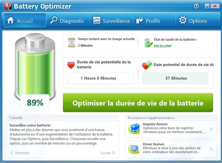 Battery Optimizer est la solution idéale pour gérer l’utilisation de sa batterie. © ReviverSoft