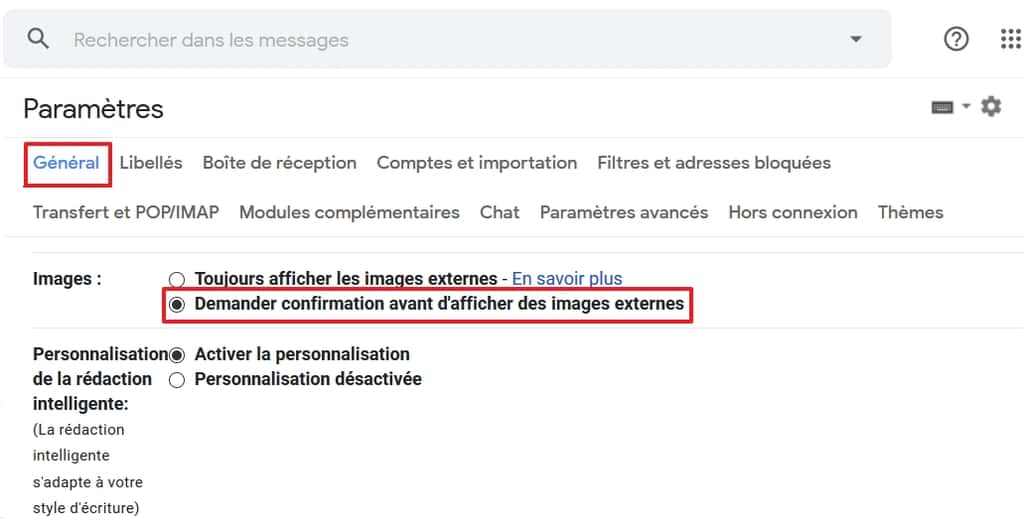 Activez l’option « Demander confirmation avant d’afficher des images externes ». © Google Inc.