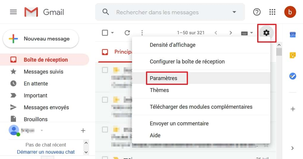 Il faut tout d’abord accéder aux paramètres de Gmail. © Google Inc.