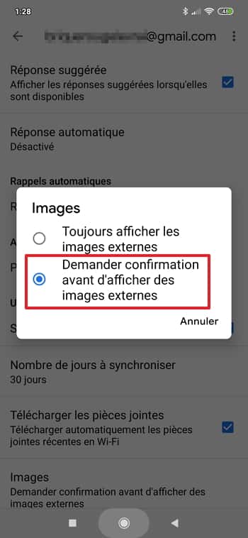 Choisissez « Demander confirmation avant d’afficher des images externes ». © Google Inc.