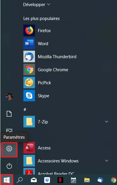 Cliquez sur l’icône des « Paramètres » dans le menu « Démarrer ». © Microsoft