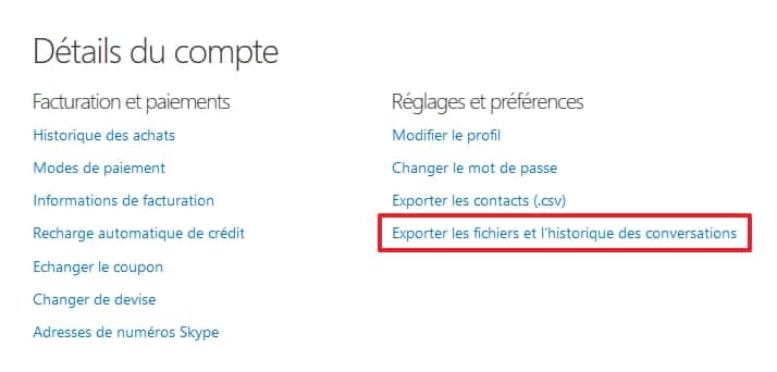 Cliquez sur « Exporter les fichiers et l’historique des conversations ». © Microsoft