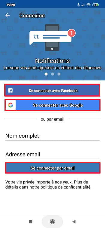 Vous pouvez vous servir d’une adresse email, de votre compte Facebook ou de votre compte Google pour vous connecter à Tricount. © Tricount
