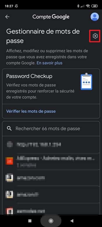 Pressez l’icône des paramètres du gestionnaire de mots de passe. © Google inc.