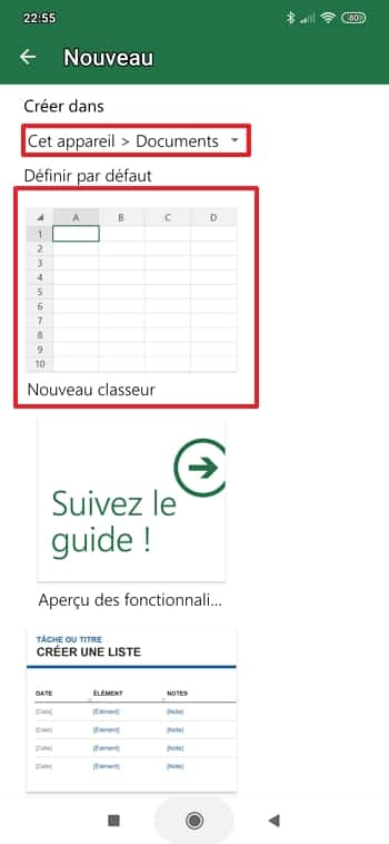 Définissez où sera sauvegardé le fichier, puis appuyez sur « Nouveau classeur ». © Microsoft