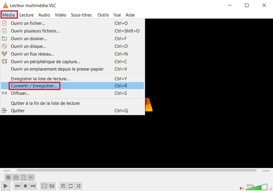 Cliquez sur « Média », puis sur « Convertir / Enregistrer » dans le menu. © VideoLAN Organization