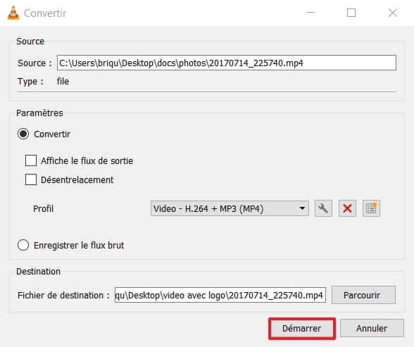 Cliquez sur « Démarrer » pour procéder à la conversion. © VideoLAN Organization