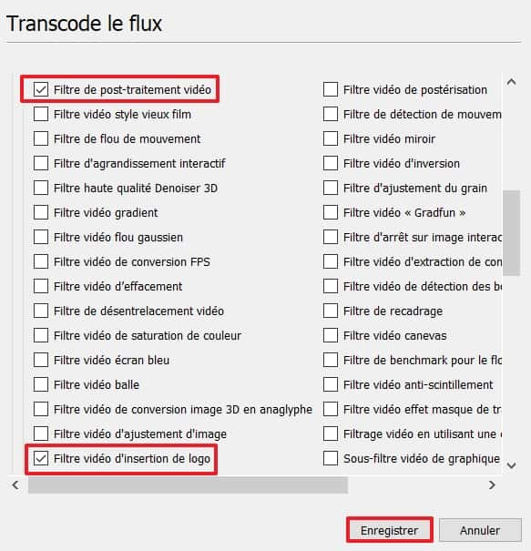 Dans la liste des filtres vidéo, cochez les cases « Filtre de post-traitement vidéo » et « Filtre vidéo d’insertion de logo ». © VideoLAN Organization