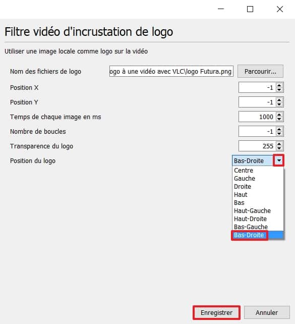 Choisissez l’emplacement du logo sur votre vidéo. © VideoLAN Organization