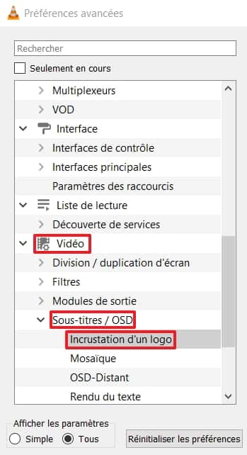 Cliquez sur les menus et sous-menus successifs pour trouver l’option « Incrustation d’un logo ». © VideoLAN Organization