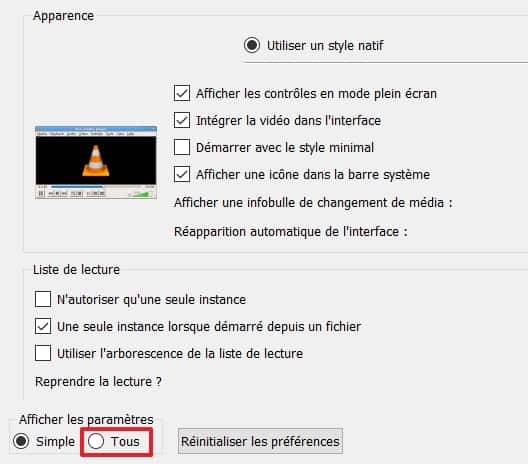 Sélectionnez « Tous » dans « Afficher les paramètres ». © VideoLAN Organization