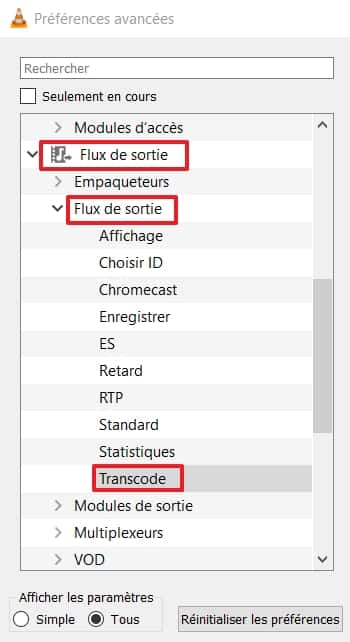 Choisissez le paramètre « Transcode » dans le menu situé à gauche. © VideoLAN Organization