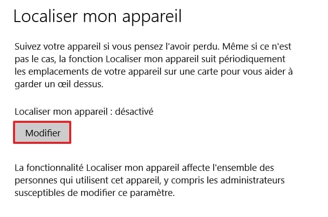 Cliquez sur le bouton « Modifier » si l’option de localisation est désactivée. © Microsoft