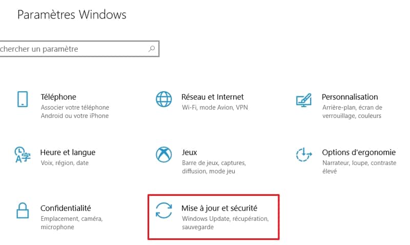 Cliquez sur « Mise à jour et Sécurité » dans les paramètres Windows. © Microsoft