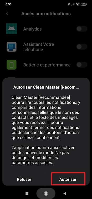Autorisez Clean Master à accéder à vos notifications. © Cheetah Mobile