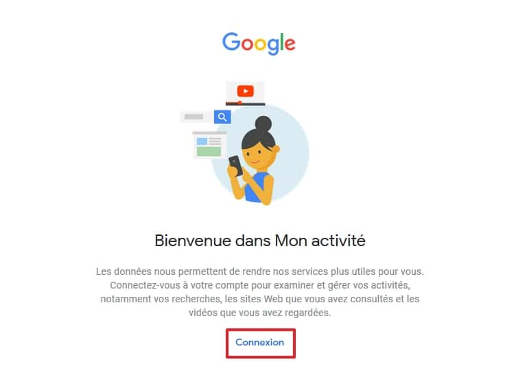 Cliquez sur « Connexion » quand vous êtes sur la page « Mon activité ». © Google Inc