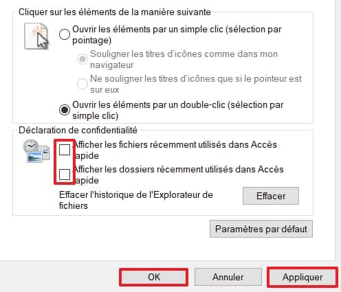 Décochez les cases concernant les fichiers et dossiers récemment utilisés afin qu’ils n’apparaissent plus dans l’Accès rapide. © Microsoft