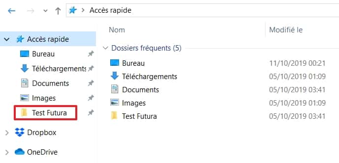 Vous pouvez désormais accéder à votre dossier rapidement quand vous ouvrez l’Explorateur de fichiers. © Microsoft