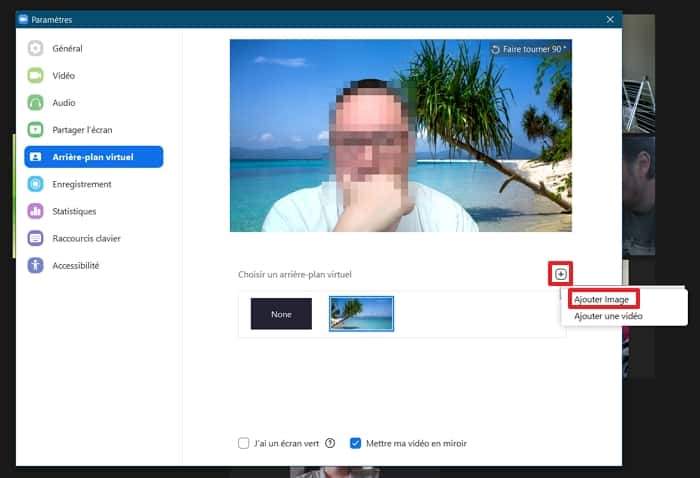 Cliquez sur « + » et décidez si vous souhaitez ajouter une image ou une vidéo en arrière-plan. © Zoom Video Communications Inc.