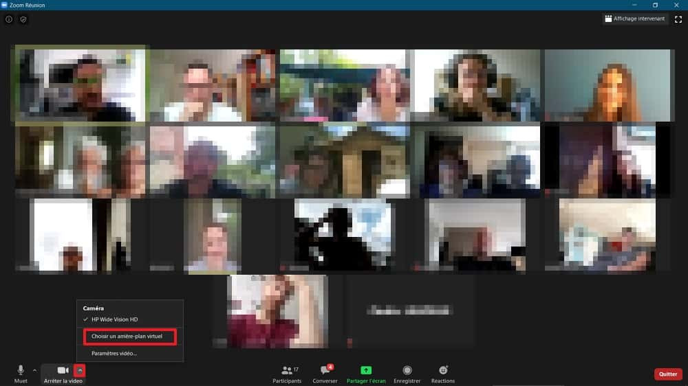 Accédez au menu « Caméra » et sélectionnez « Choisir un arrière-plan virtuel ». © Zoom Video Communications Inc.
