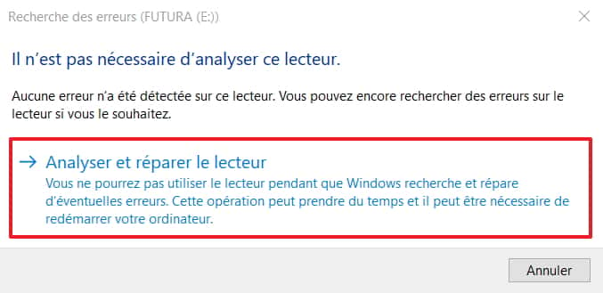Cliquez sur « Analyser et réparer le lecteur » pour corriger les erreurs de fichiers. © Microsoft