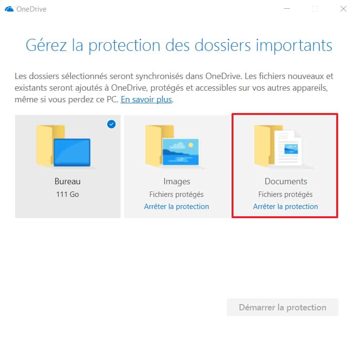 Arrêtez la protection du dossier de votre choix. © Microsoft