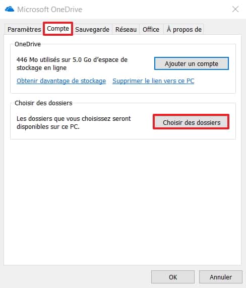 Cliquez sur « Choisir des dossiers » dans l’onglet « Compte » des paramètres OneDrive. © Microsoft