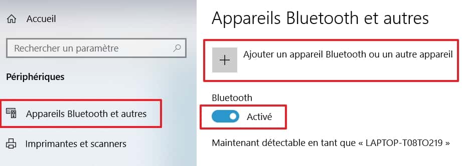 Vérifiez le statut du Bluetooth et cliquez sur « Ajouter un appareil Bluetooth ou un autre appareil ». © Microsoft