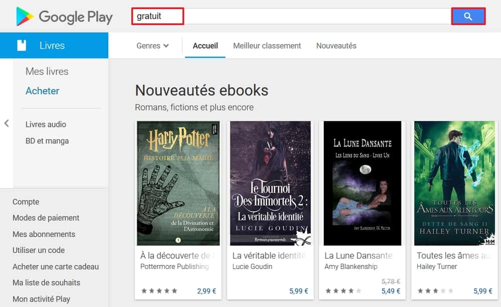 Tapez « gratuit » dans la barre de recherche pour accéder directement à la liste des e-books gratuits. © Google Inc.