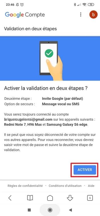 Appuyez sur « Activer » pour terminer la procédure de validation en deux étapes. © Google Inc.