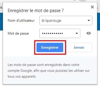 Une demande d’enregistrement de mot de passe a lieu chaque fois que vous vous connectez à un compte sur un site web ouvert dans Chrome. © Google Inc.
