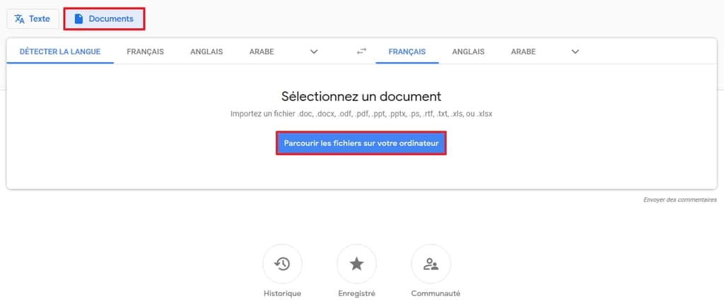 Google Traduction permet d’importer directement un fichier pour qu’il soit traduit. © Google