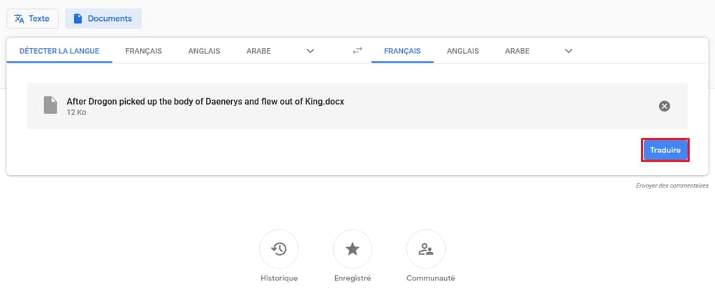 Cliquez sur « Traduire » après avoir choisi un document. © Google