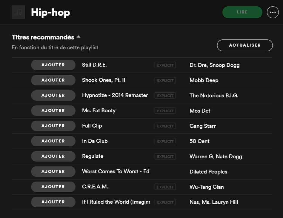 Servez-vous de la liste des titres recommandés par Spotify pour remplir une nouvelle playlist. © Spotify AB