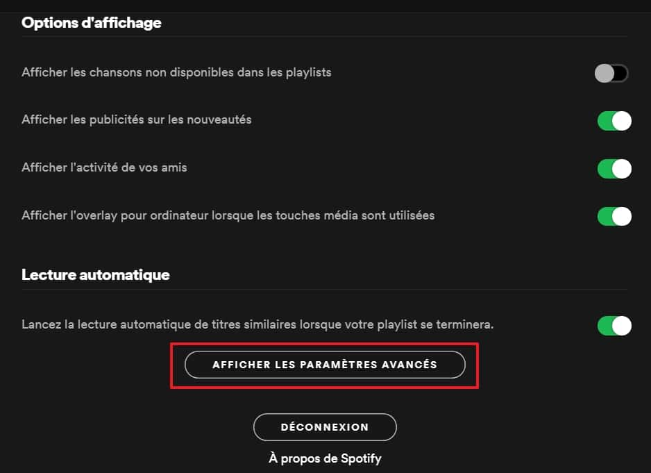 Cliquez sur le bouton « Afficher les paramètres avancés ». © Spotify AB