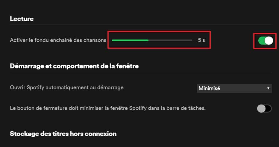 Déplacez le curseur vers la droite pour activer le fondu enchaîné et définissez le délai de transition. © Spotify AB