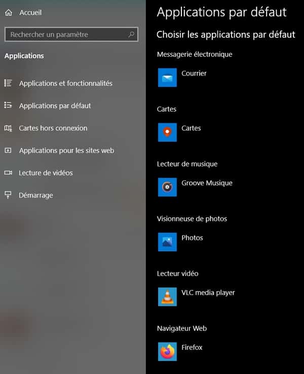 Vous pouvez régler les applications par défaut immédiatement pour certains types de contenus. © Microsoft