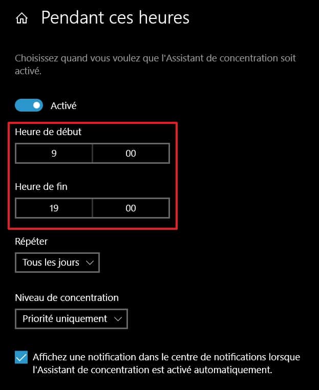 Définissez la plage horaire pendant laquelle l’assistant fonctionnera. © Microsoft
