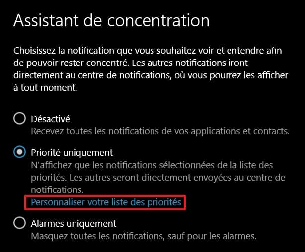Activez l’assistant de concentration en mode « Priorité uniquement » ou « Alarmes uniquement ». © Microsoft