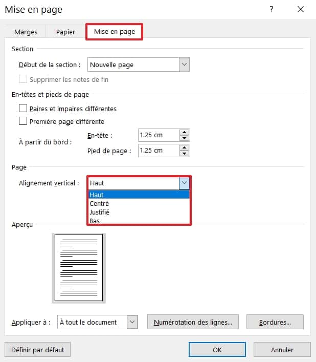 Choisissez l’alignement vertical que vous souhaitez. © Microsoft