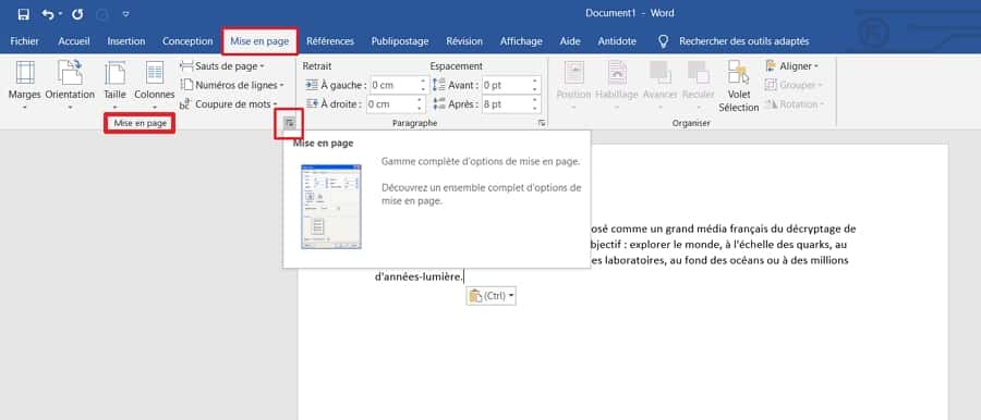 Allez dans l’onglet « Mise en page », puis lancez les options de mise en page. © Microsoft