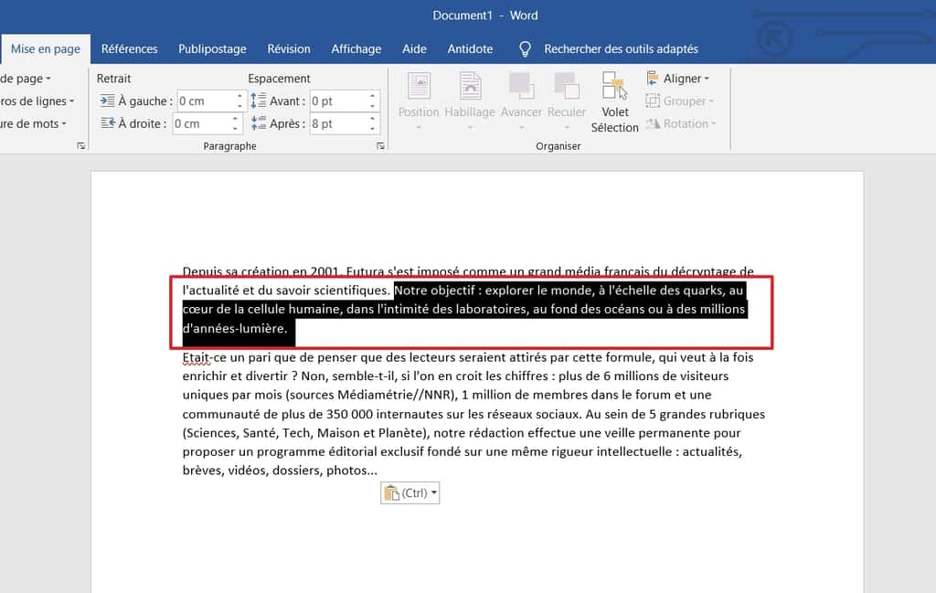 Choisissez la partie du texte à aligner verticalement. © Microsoft