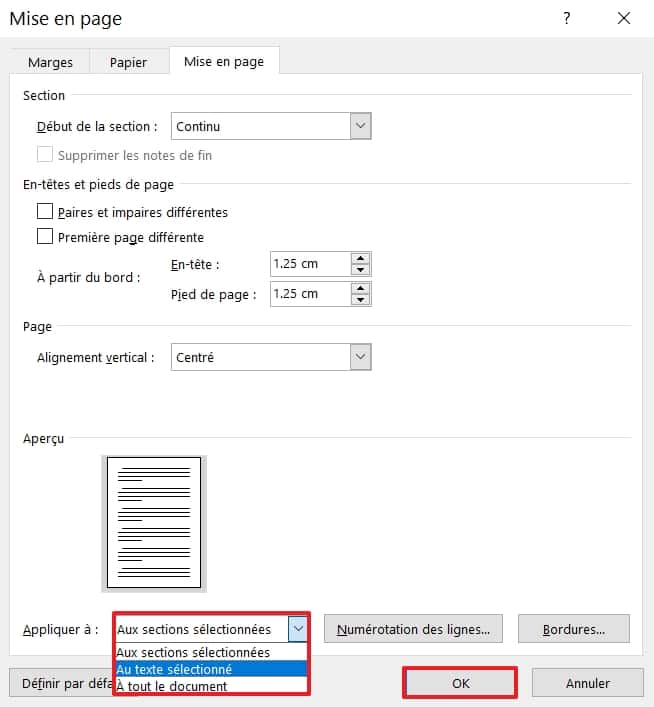 Choisissez « Au texte sélectionné » dans le menu déroulant « Appliquer à ». © Microsoft