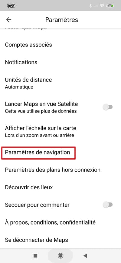 Les « Paramètres de navigation » se trouvent en bas du sous-menu « Paramètres ». © Google