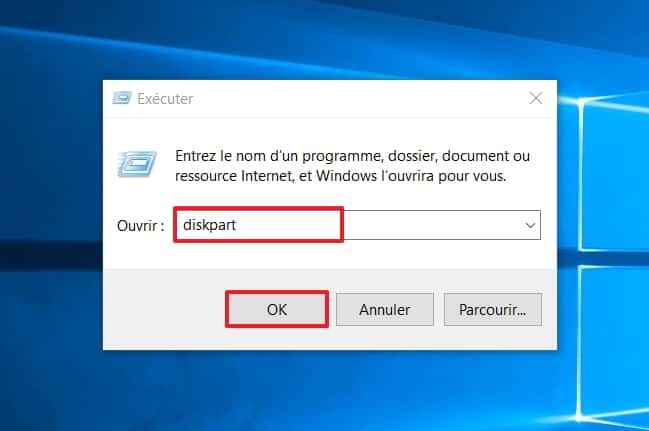 Renseignez le champ libre en écrivant « diskpart ». © Microsoft