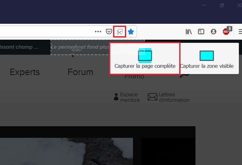 Cliquez sur l’icône de capture d’écran, puis sur « Capturer la page complète ». © Mozilla Foundation