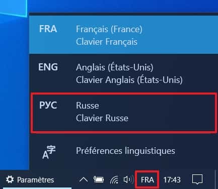 Optez pour « Russe » dans le menu des langues installées sur votre PC. © Microsoft