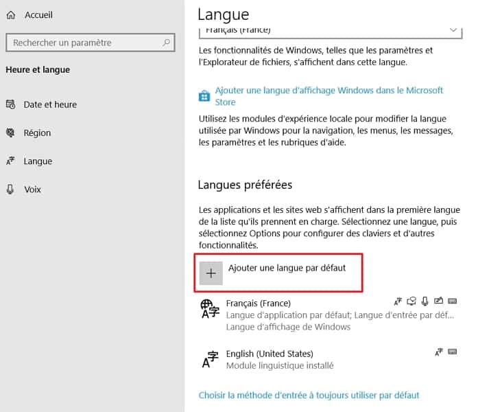 Cliquez sur « Ajouter une langue par défaut ». © Microsoft